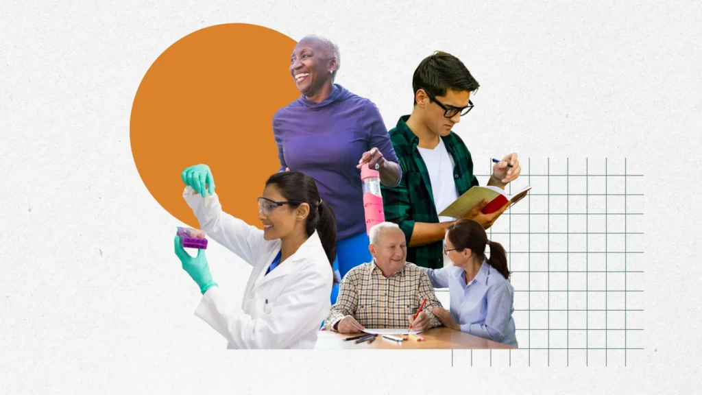 A collage showing researchers and clinicians in laboratory and care settings, illustrating interdisciplinary work in science and health, accompanying an announcement about the University of Edinburgh launching the KJCF Quest Fellowships in brain health and multimorbidity.