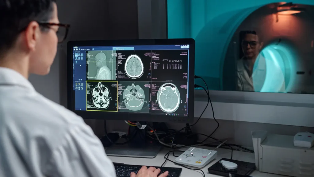 Researcher reviewing brain scan images on a computer screen in a laboratory, with the UCL logo displayed, illustrating research in brain health and neurological conditions.